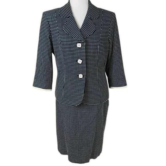 Le Suit Petite Size 14P 2-Piece Skirt Suit w/ Blazer Black White Dot Preppy Work - Picture 1 of 13